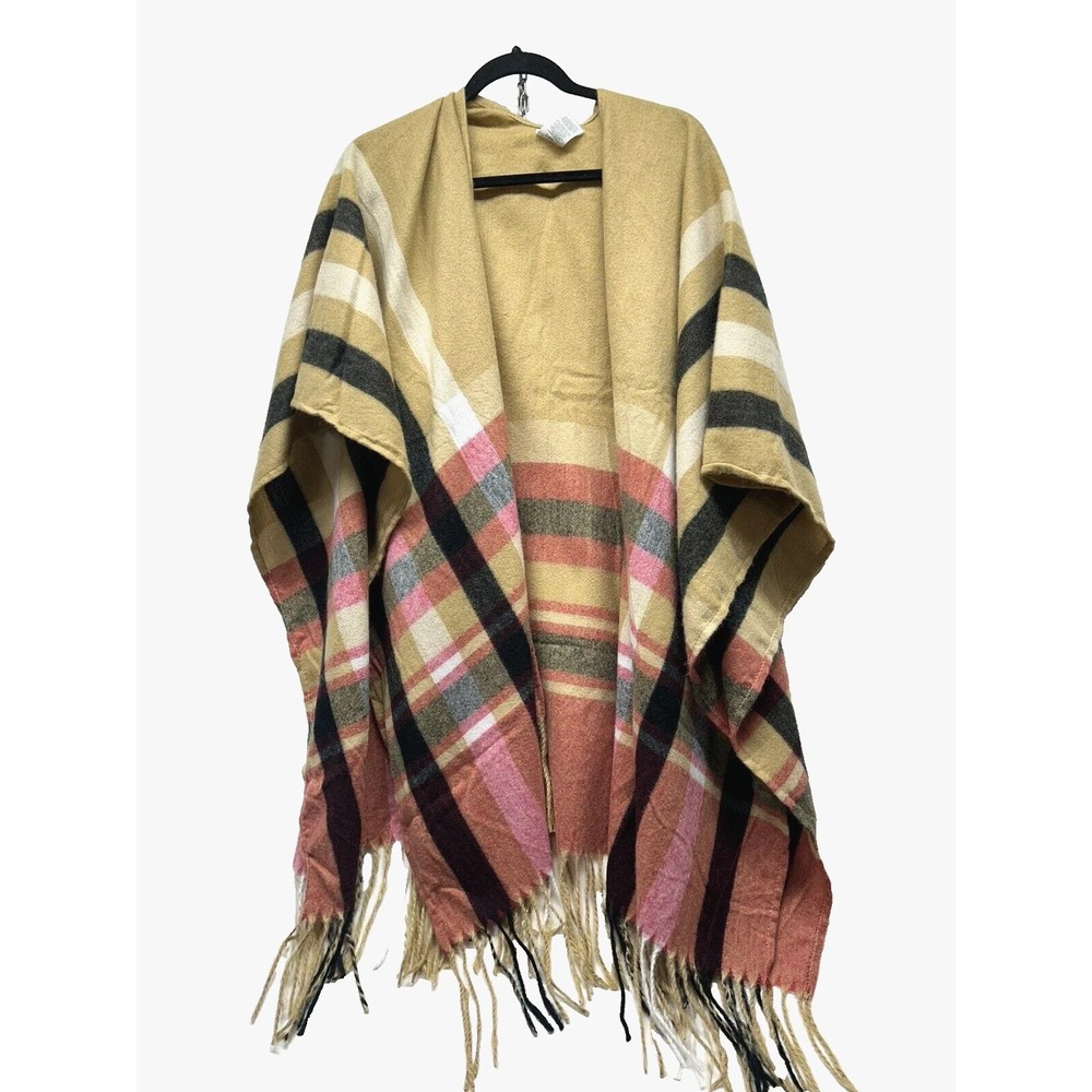 Woolrich Womens One Size Plaid Tan Black Polyblend Shawl Wrap NEW (D4)